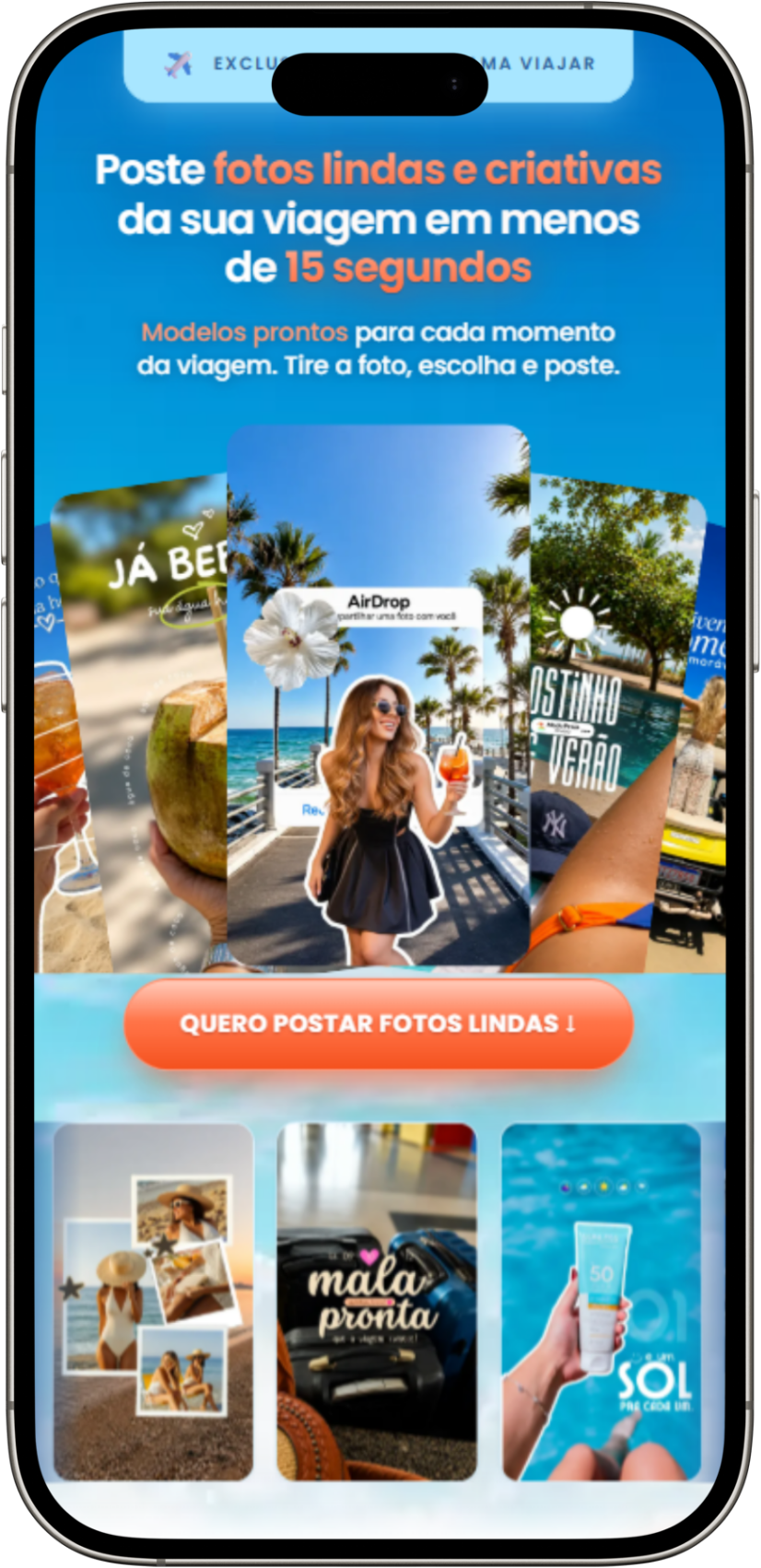 Aplicativo InstaTravel em um celular, mostrando modelos prontos para Stories de viagem