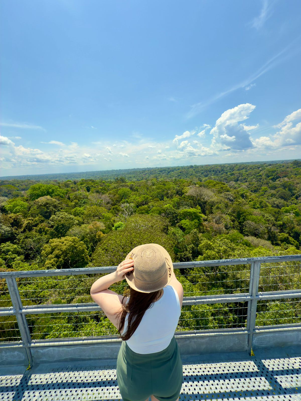 Torre de observação metálica acima do dossel da floresta amazônica