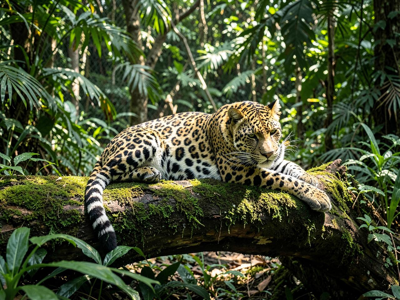 Onça-pintada descansando sobre tronco em meio à vegetação amazônica